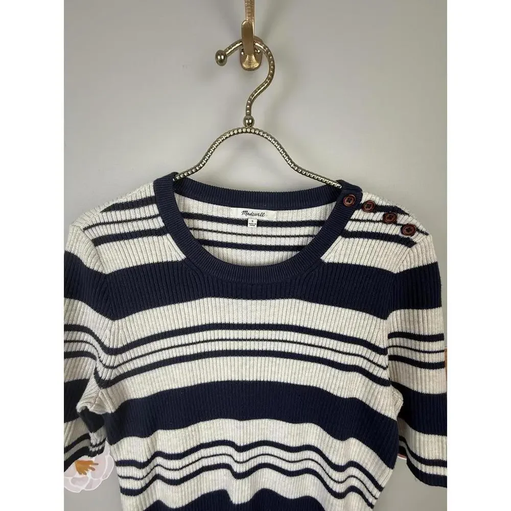 Madewell Navy and White Ribbed Striped Short Sleeve Sweater Top - Size - Small
